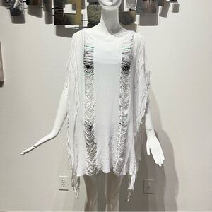Maaji Fringe High Neck Tunic, White Frayed Swimwear Cover up Kimono Top OS